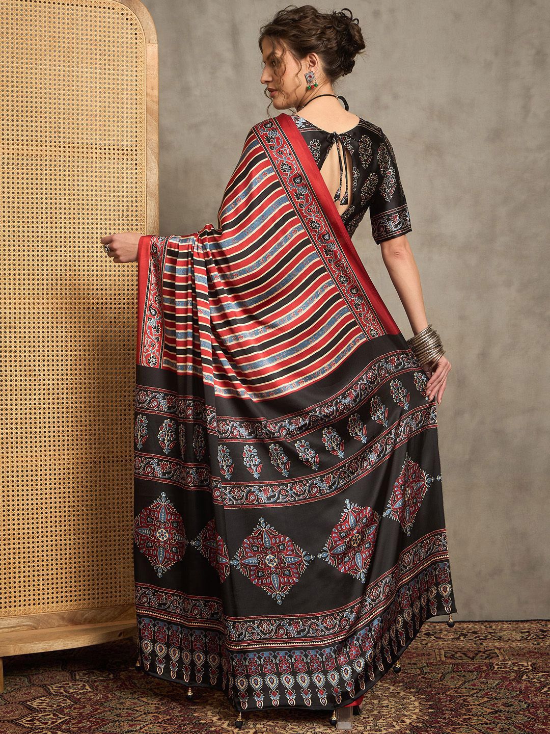 Multicolor Striped Gajji Silk Saree with Contrasting Ajrakh Pallu and Ethnic Border