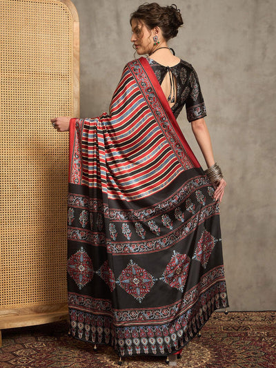Multicolor Striped Gajji Silk Saree with Contrasting Ajrakh Pallu and Ethnic Border