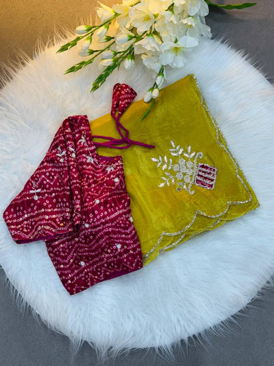 Yellow Embroidered Saree with Teal Bandhej Blouse | Soothing Ethnic Festive Wear
