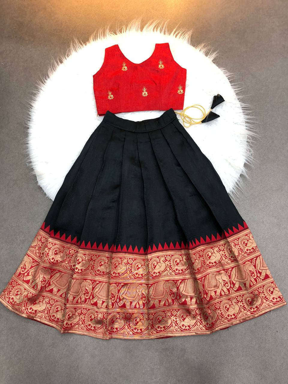 Kids' Ethnic Silk Dress – black and Red Pattu Pavadai for Festivals