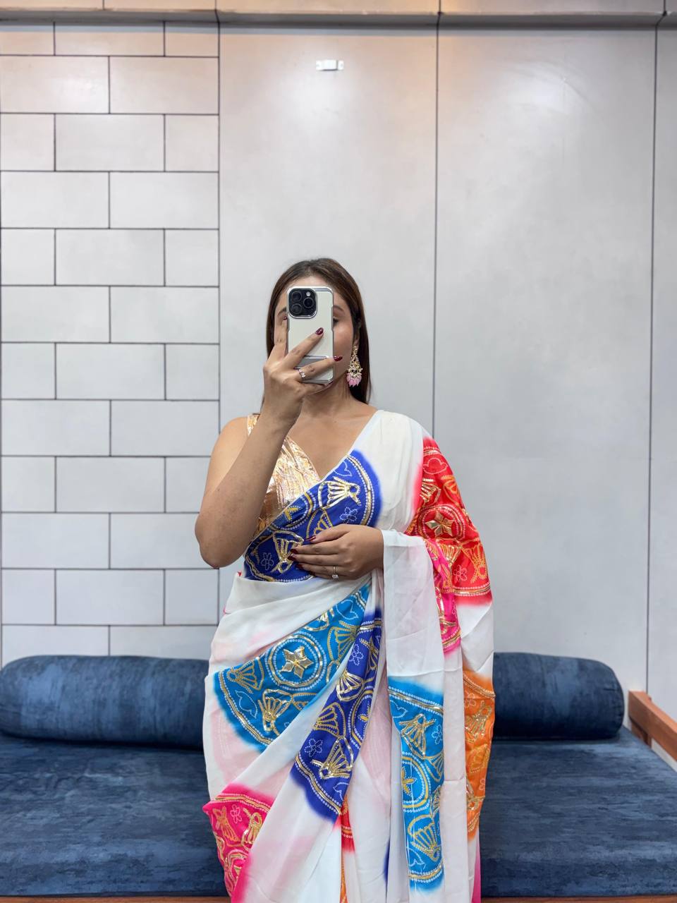 Heritage Bandhej Gaji Silk Saree with Handcrafted Gota Patti Buttas & Contrast Blouse