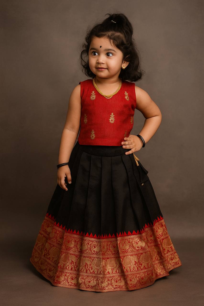 Kids' Ethnic Silk Dress – black and Red Pattu Pavadai for Festivals