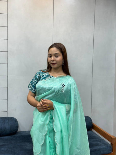 Mint Green Embroidered Saree with Teal Bandhej Blouse | Soothing Ethnic Festive Wear