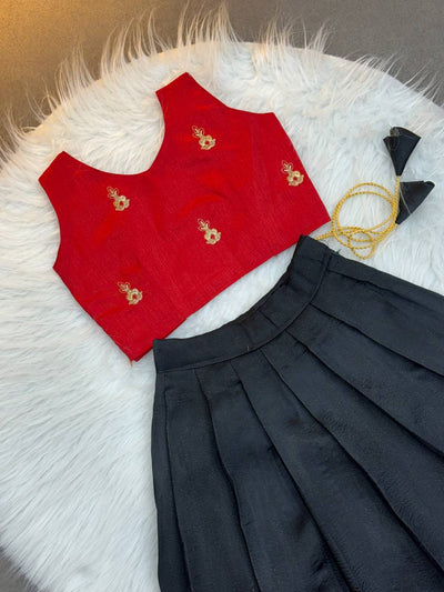 Kids' Ethnic Silk Dress – black and Red Pattu Pavadai for Festivals