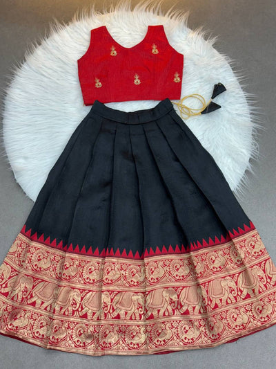 Kids' Ethnic Silk Dress – black and Red Pattu Pavadai for Festivals