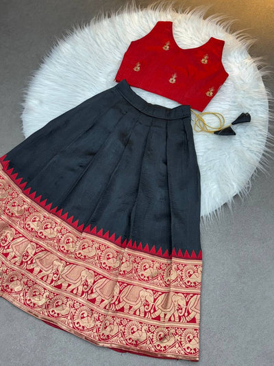 Kids' Ethnic Silk Dress – black and Red Pattu Pavadai for Festivals