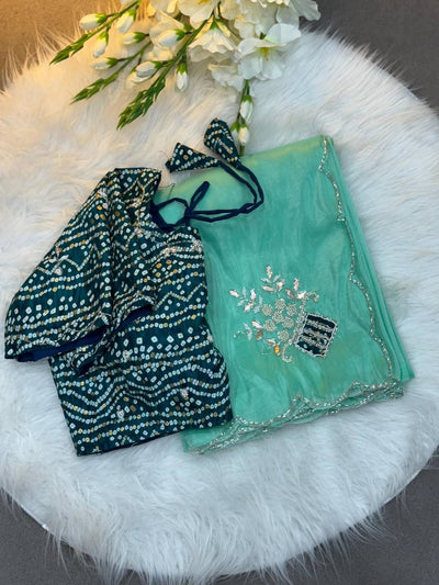 Mint Green Embroidered Saree with Teal Bandhej Blouse | Soothing Ethnic Festive Wear