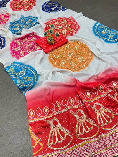 Heritage Bandhej Gaji Silk Saree with Handcrafted Gota Patti Buttas & Contrast Blouse