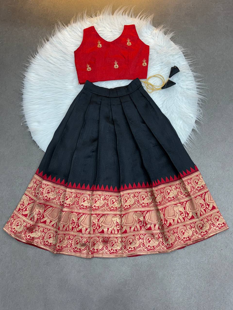 Kids' Ethnic Silk Dress – black and Red Pattu Pavadai for Festivals