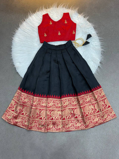 Kids' Ethnic Silk Dress – black and Red Pattu Pavadai for Festivals