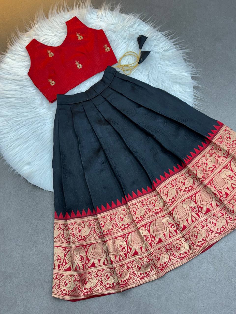Kids' Ethnic Silk Dress – black and Red Pattu Pavadai for Festivals