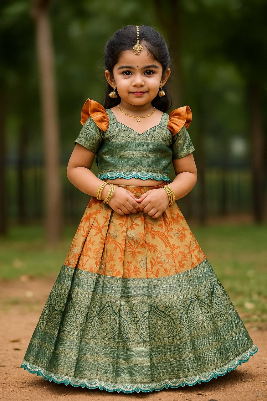 Peacock Green Zari Blouse with Rust-Orange Puff Sleeves Kids Lehenga Choli
