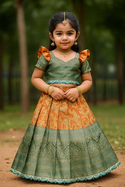 Peacock Green Zari Blouse with Rust-Orange Puff Sleeves Kids Lehenga Choli