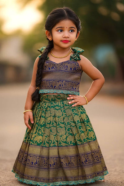 Kids Traditional Parrot Green & Royal Blue Banarasi Lehenga Choli with Gold Zari Work