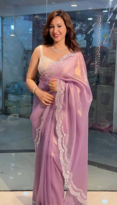 Lavender Tissue Tweel Net Saree with Diamond Cutwork and Embellished Blouse