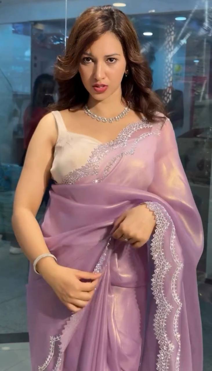 Lavender Tissue Tweel Net Saree with Diamond Cutwork and Embellished Blouse