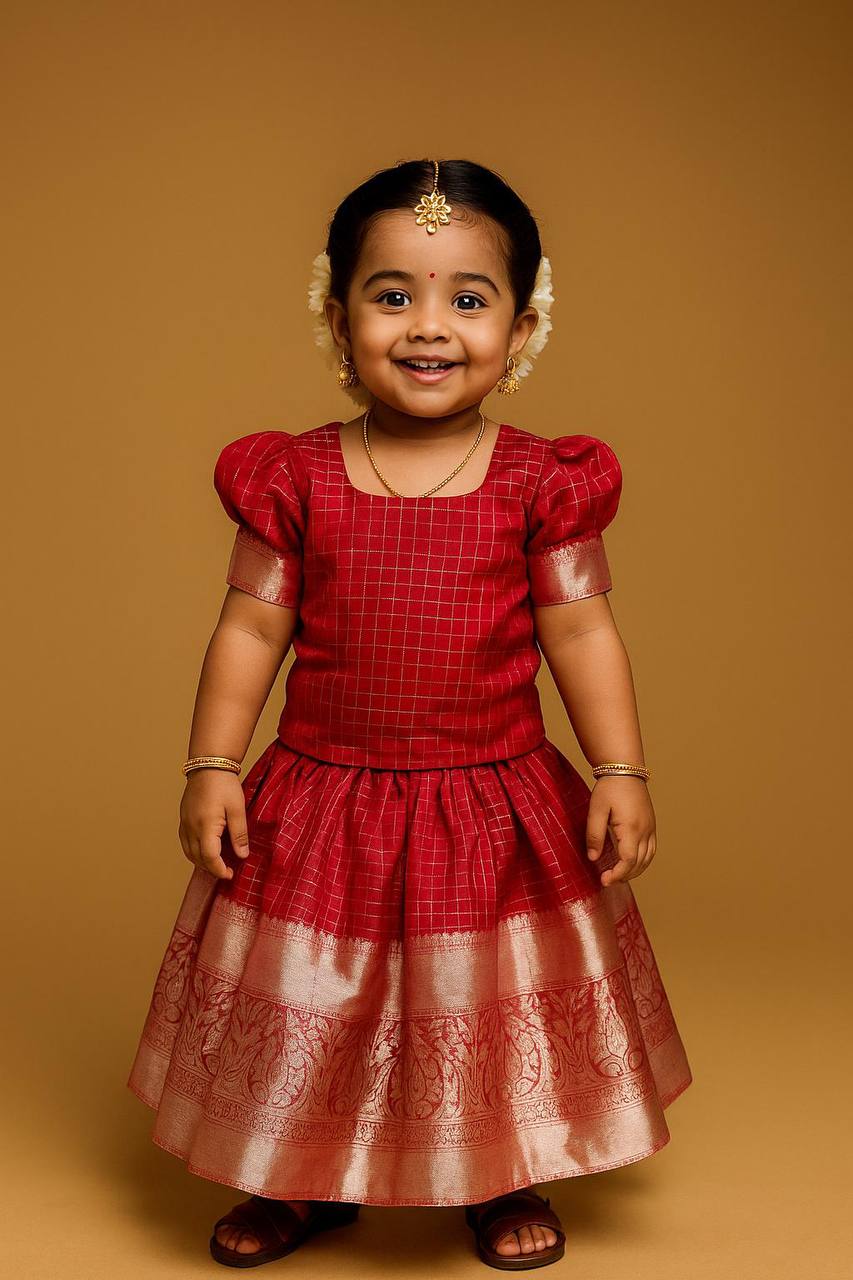 Traditional Red Silk Kids Lehenga Choli with Zari Border and Tassels – Festive Wear