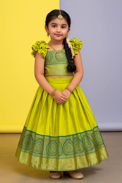 Parrot Green Silk Kids Lehenga Choli with Puff Sleeves and Zari Border – Traditional Festive Wear