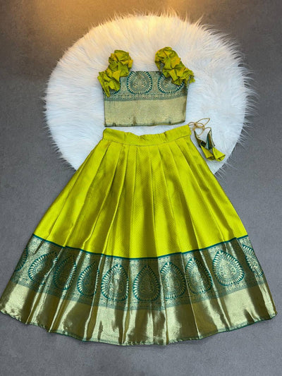 Parrot Green Silk Kids Lehenga Choli with Puff Sleeves and Zari Border – Traditional Festive Wear