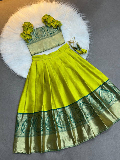 Parrot Green Silk Kids Lehenga Choli with Puff Sleeves and Zari Border – Traditional Festive Wear