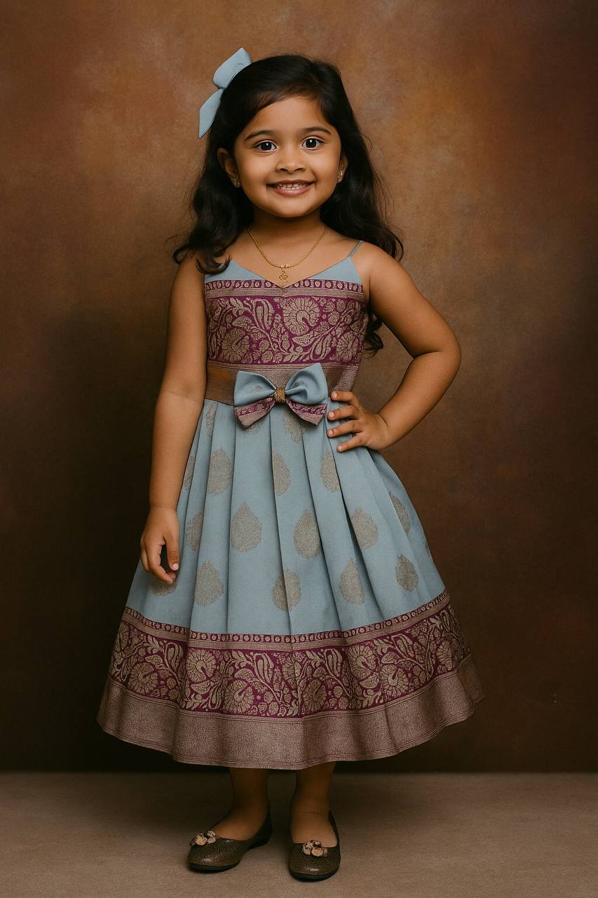 Kids Dusty Blue & Wine Jacquard Waving Pattern Design with Sleeveless Frock with Bow and Gold Zari Work