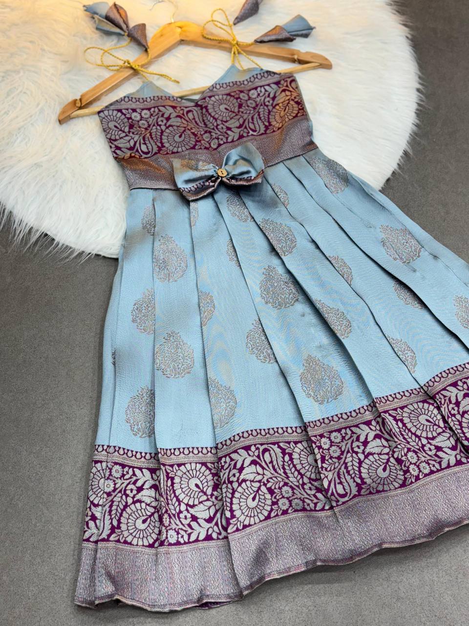 Kids Dusty Blue & Wine Jacquard Waving Pattern Design with Sleeveless Frock with Bow and Gold Zari Work