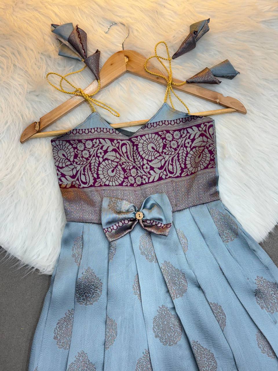 Kids Dusty Blue & Wine Jacquard Waving Pattern Design with Sleeveless Frock with Bow and Gold Zari Work