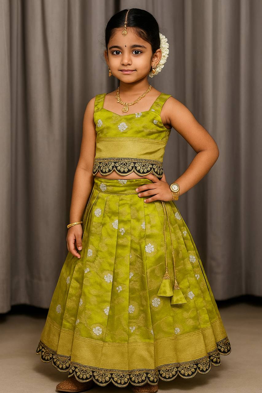 Olive Green Silk Kids Lehenga Choli with Sleeveless Blouse and Zari Embroidery Lace Border  – Festive Wear