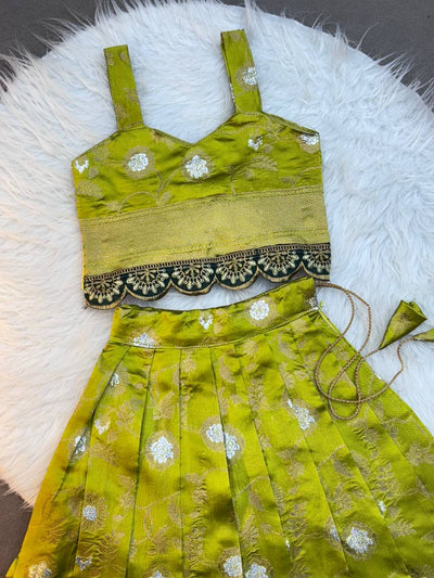 Olive Green Silk Kids Lehenga Choli with Sleeveless Blouse and Zari Embroidery Lace Border  – Festive Wear