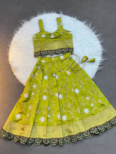 Olive Green Silk Kids Lehenga Choli with Sleeveless Blouse and Zari Embroidery Lace Border  – Festive Wear