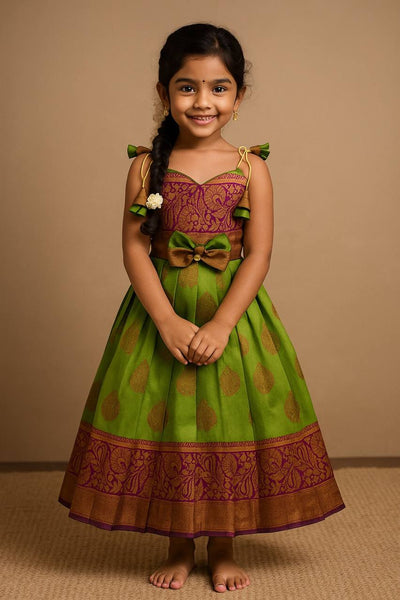 Kids' Designer Pattu Dress – Green with Zari Border and Bow Detail