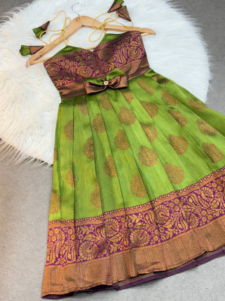 Kids' Designer Pattu Dress – Green with Zari Border and Bow Detail