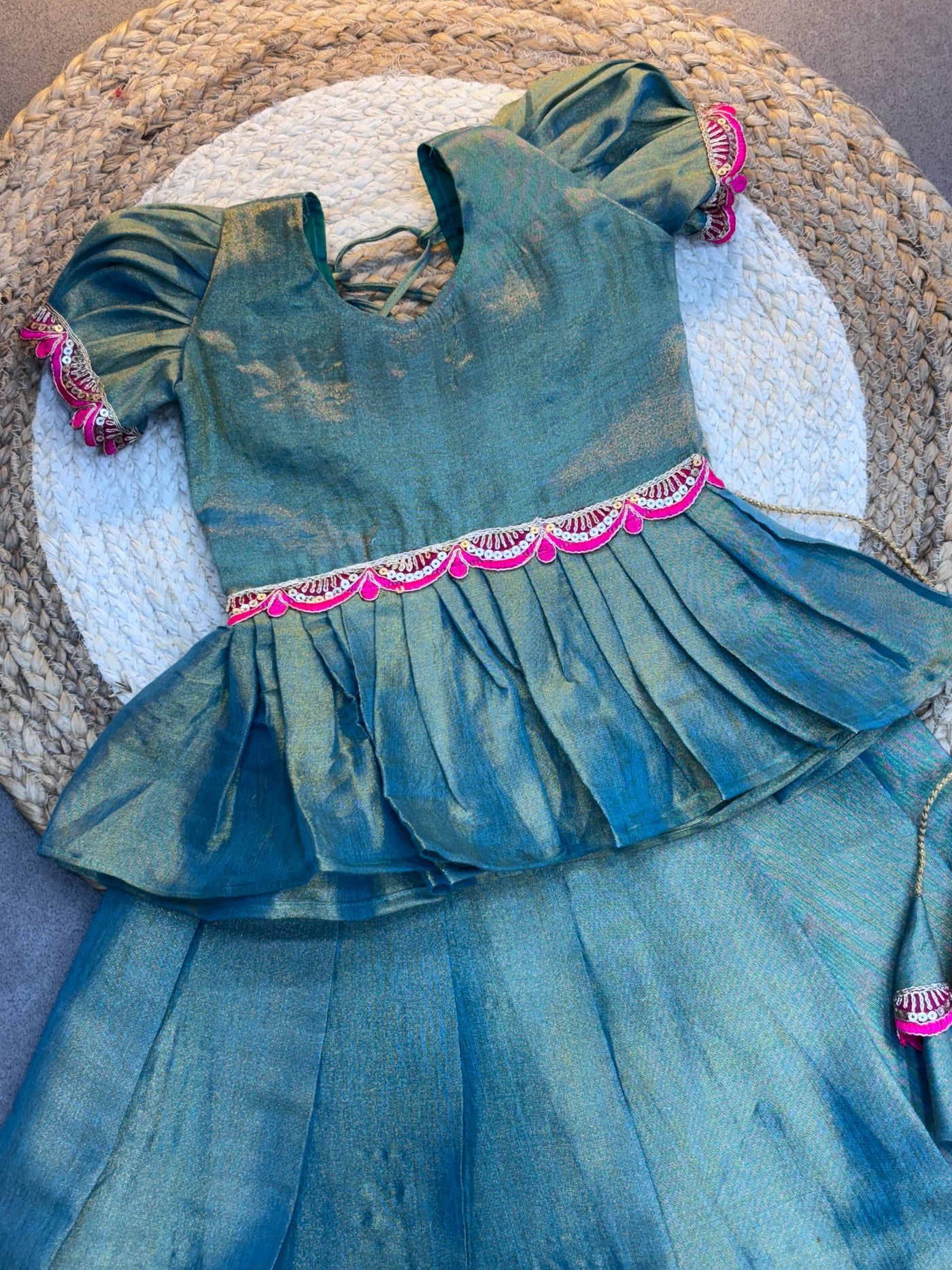 Traditional South Indian Silk Frock for Baby Girls – Green & Pink Pattu Pavadai Style Dress with Puff Sleeves