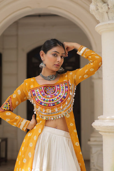 Yellow & Chiku Navratri Chaniya Choli with Mirror Work – Traditional Garba & Dandiya Outfit for Women