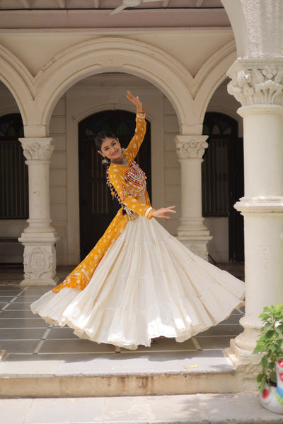 Yellow & Chiku Navratri Chaniya Choli with Mirror Work – Traditional Garba & Dandiya Outfit for Women