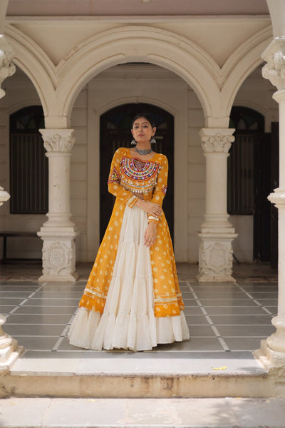 Yellow & Chiku Navratri Chaniya Choli with Mirror Work – Traditional Garba & Dandiya Outfit for Women
