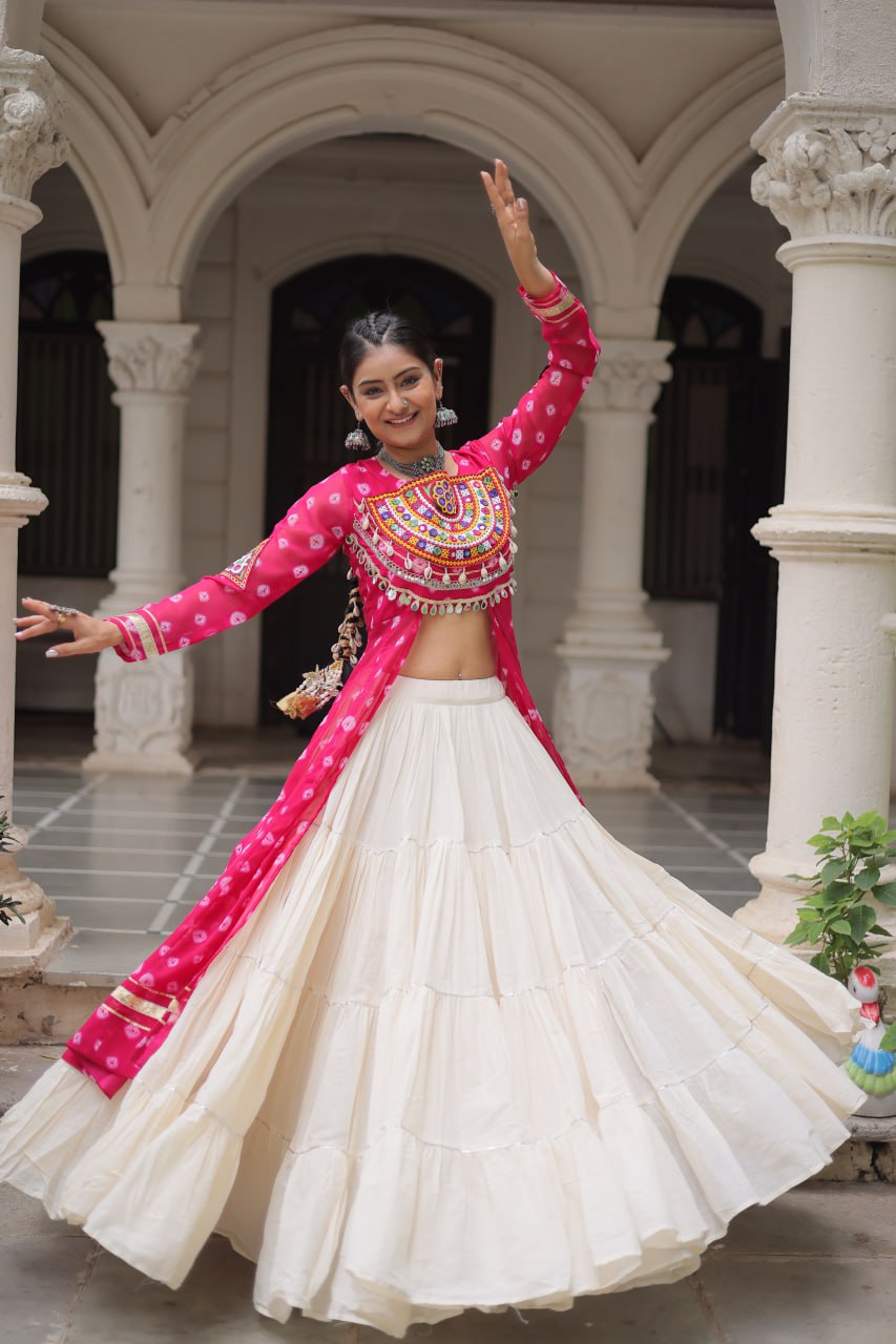 Pink & Chiku Navratri Chaniya Choli with Mirror Work – Traditional Garba & Dandiya Outfit for Women