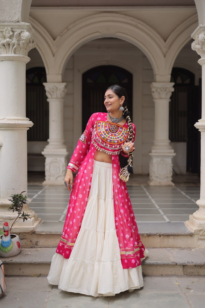 Pink & Chiku Navratri Chaniya Choli with Mirror Work – Traditional Garba & Dandiya Outfit for Women
