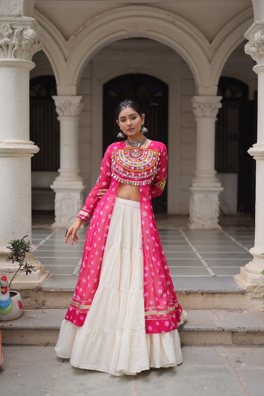 Pink & Chiku Navratri Chaniya Choli with Mirror Work – Traditional Garba & Dandiya Outfit for Women