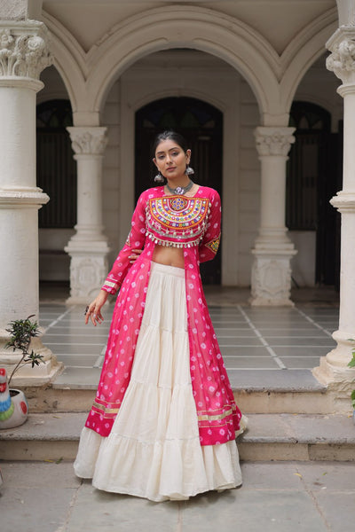 Pink & Chiku Navratri Chaniya Choli with Mirror Work – Traditional Garba & Dandiya Outfit for Women