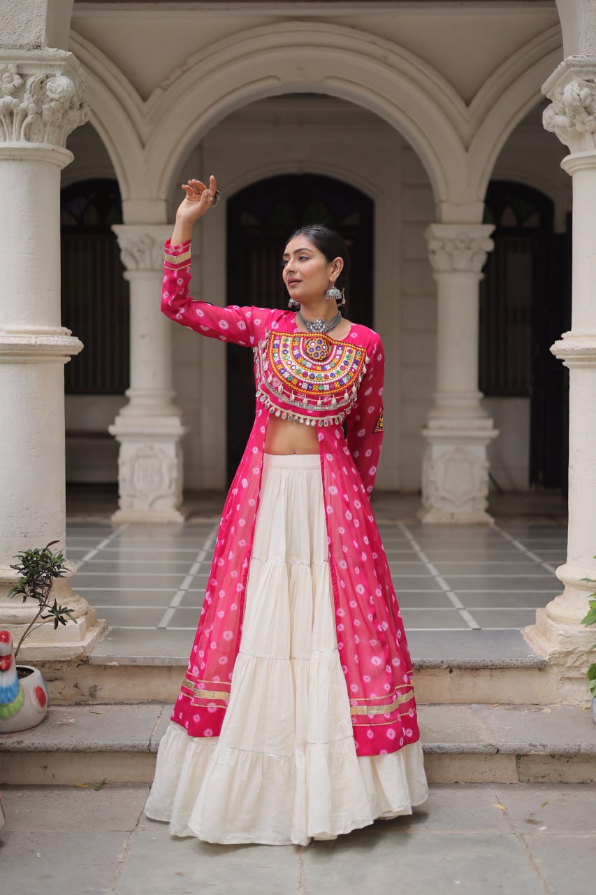 Pink & Chiku Navratri Chaniya Choli with Mirror Work – Traditional Garba & Dandiya Outfit for Women
