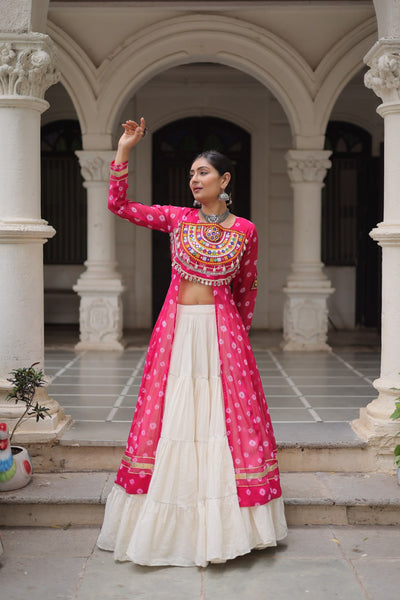 Pink & Chiku Navratri Chaniya Choli with Mirror Work – Traditional Garba & Dandiya Outfit for Women