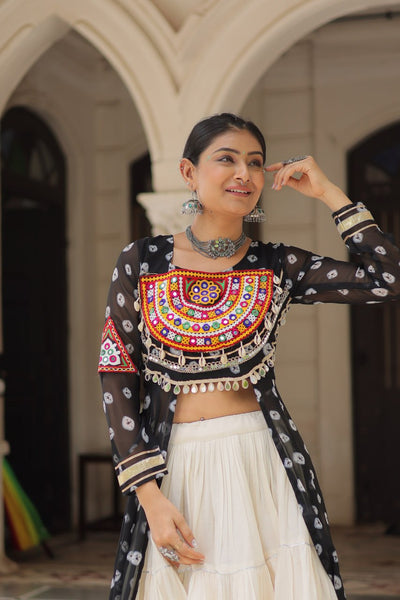 Black & Chiku Navratri Chaniya Choli with Mirror Work – Traditional Garba & Dandiya Outfit for Women