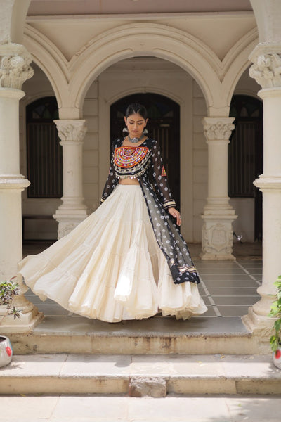 Black & Chiku Navratri Chaniya Choli with Mirror Work – Traditional Garba & Dandiya Outfit for Women