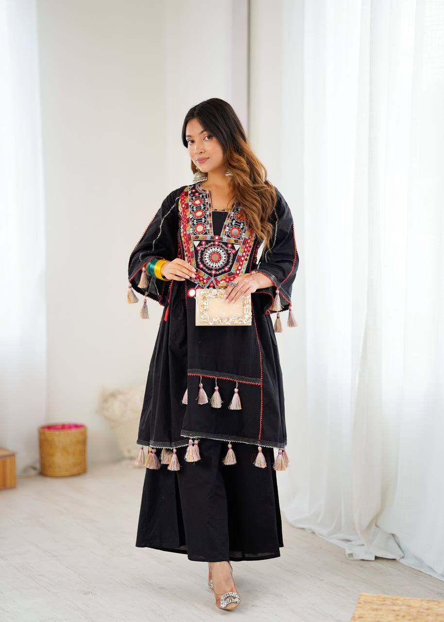 Hand-Embroidered Designer Peplum & Bell Bottom Set with Real Mirror Work Black Kurta Set with Pink Tassels – Ethnic Festive Wear for Women