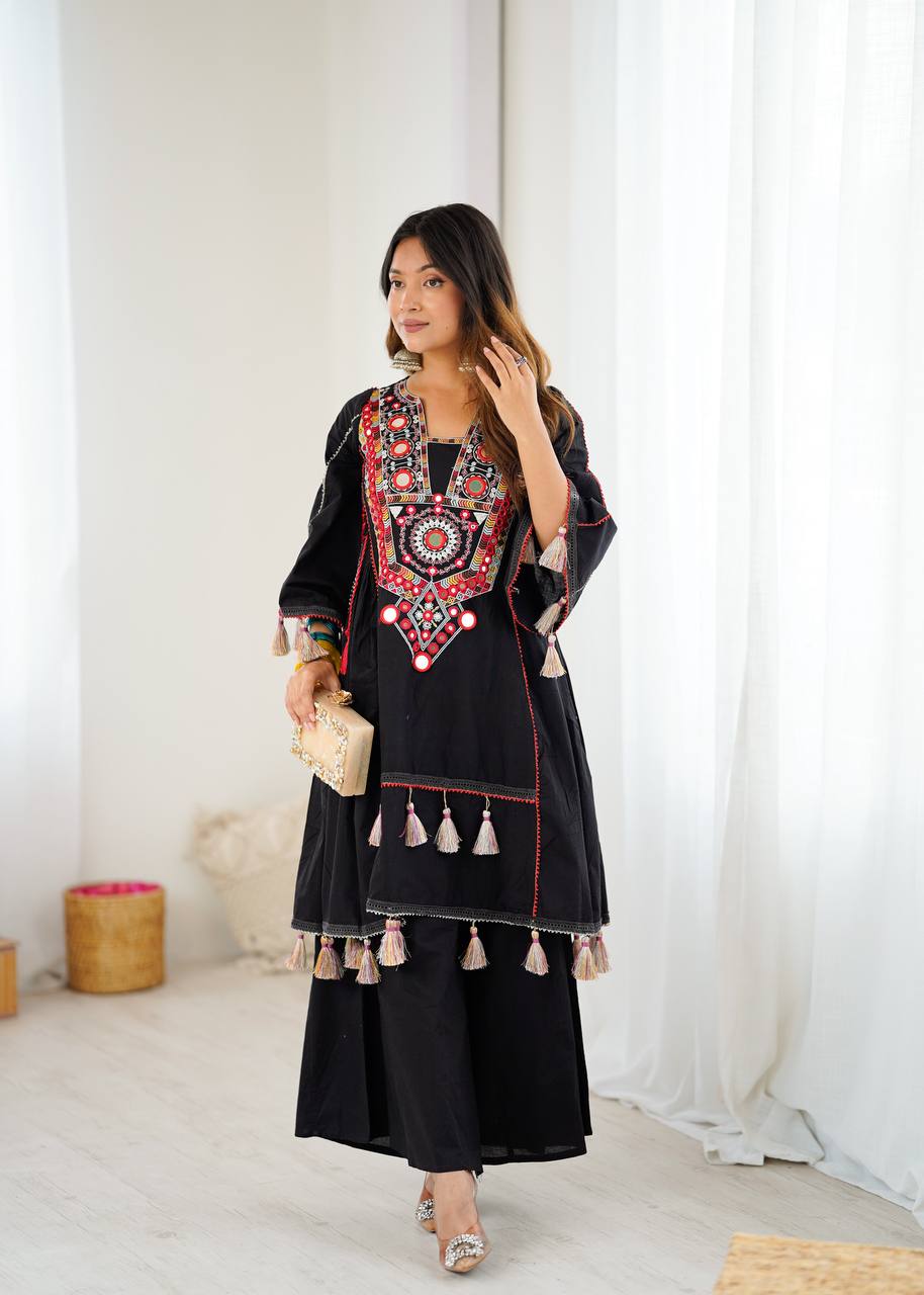 Hand-Embroidered Designer Peplum & Bell Bottom Set with Real Mirror Work Black Kurta Set with Pink Tassels – Ethnic Festive Wear for Women