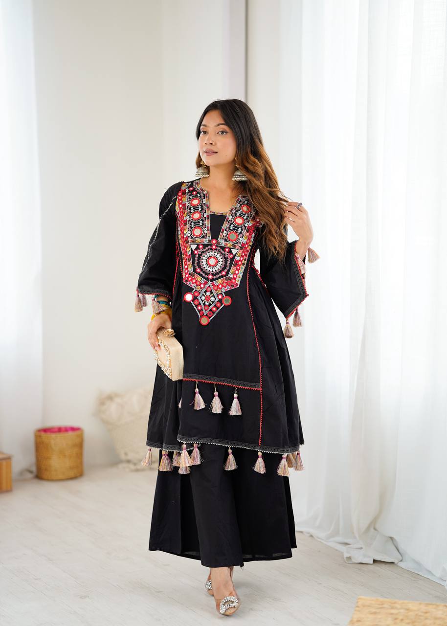 Hand-Embroidered Designer Peplum & Bell Bottom Set with Real Mirror Work Black Kurta Set with Pink Tassels – Ethnic Festive Wear for Women