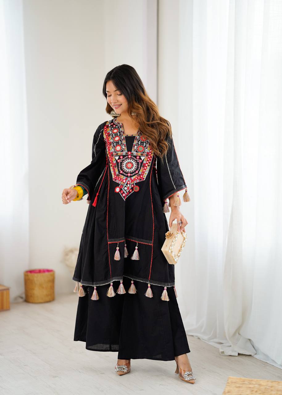 Hand-Embroidered Designer Peplum & Bell Bottom Set with Real Mirror Work Black Kurta Set with Pink Tassels – Ethnic Festive Wear for Women