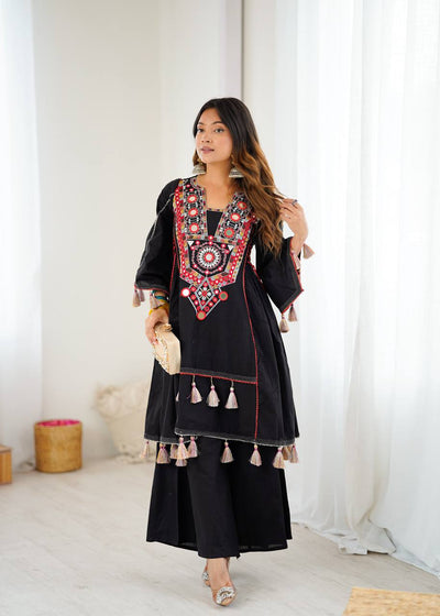 Hand-Embroidered Designer Peplum & Bell Bottom Set with Real Mirror Work Black Kurta Set with Pink Tassels – Ethnic Festive Wear for Women