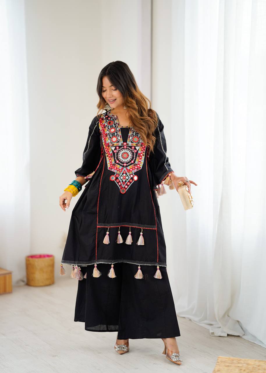 Hand-Embroidered Designer Peplum & Bell Bottom Set with Real Mirror Work Black Kurta Set with Pink Tassels – Ethnic Festive Wear for Women